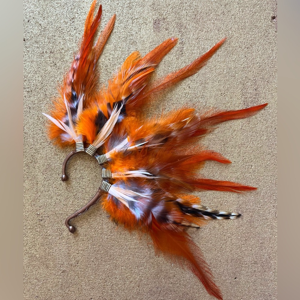 Orange feather ear cuff, ear wire wrap for pierceless no pierce ears